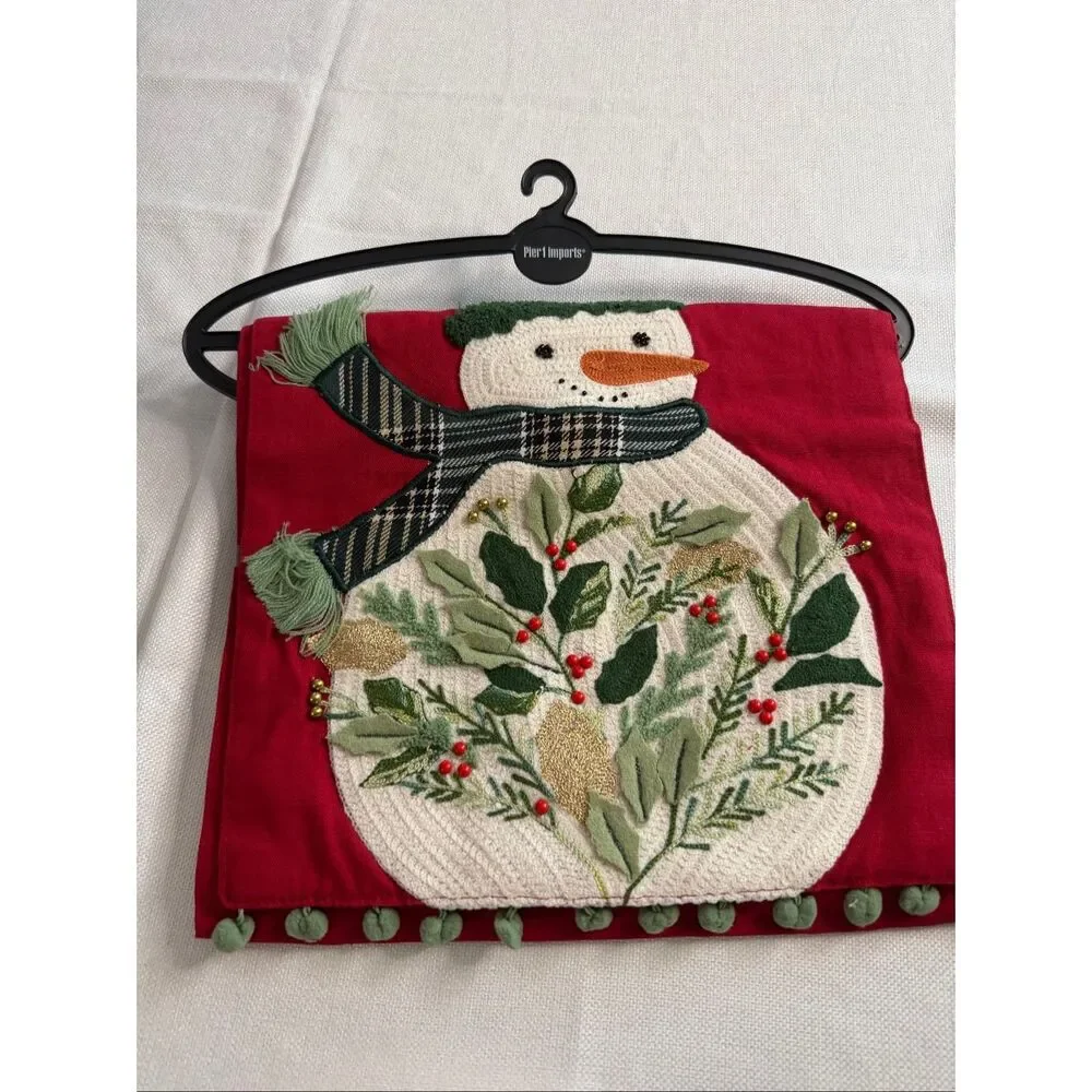 Pier 1 Imports Christmas Snowman Applique Table Runner 13x72 Embroidered Pom Pom